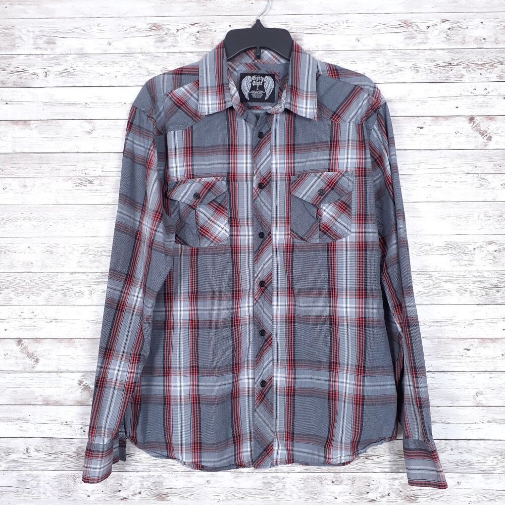 Eighty Eight Mens Button Up Shirt L Plaid Black Red 961